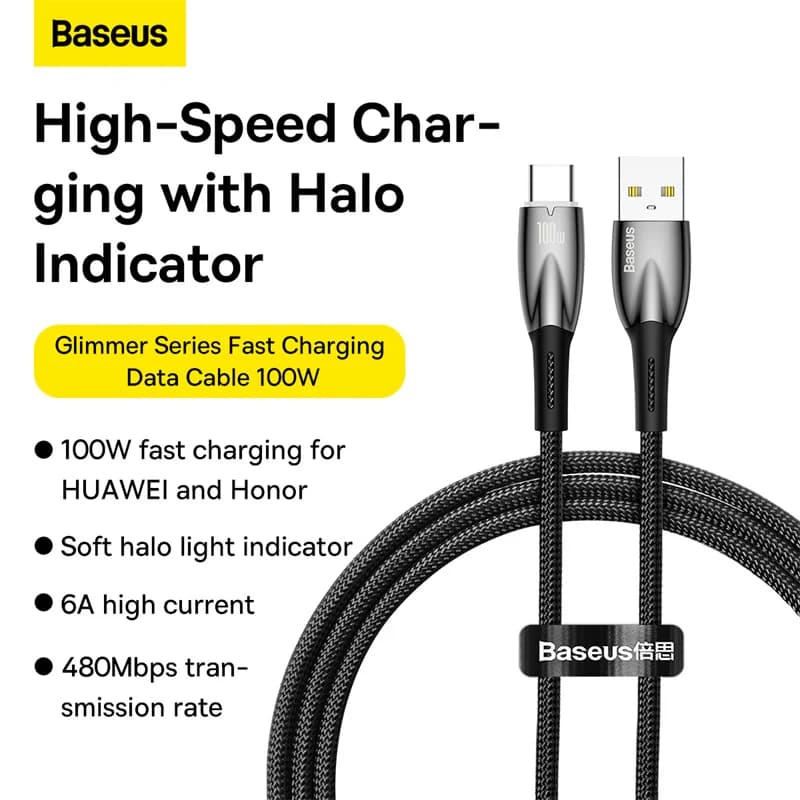 BASEUS GLIMMER FAST CHARGING DATA CABLE USB-A TO USB-C 100W - (CADH000401 / CADH000402)