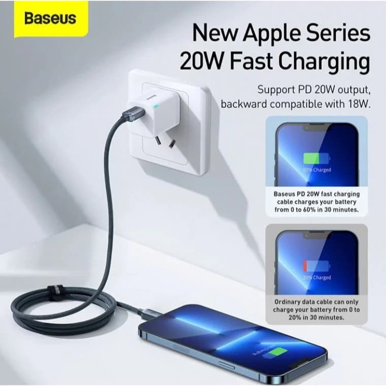 BASEUS KABEL CHARGER FAST CHARGING TYPE-C TO LIGHTNING 2M 20W - (CAJY000303 / CAJY000305)