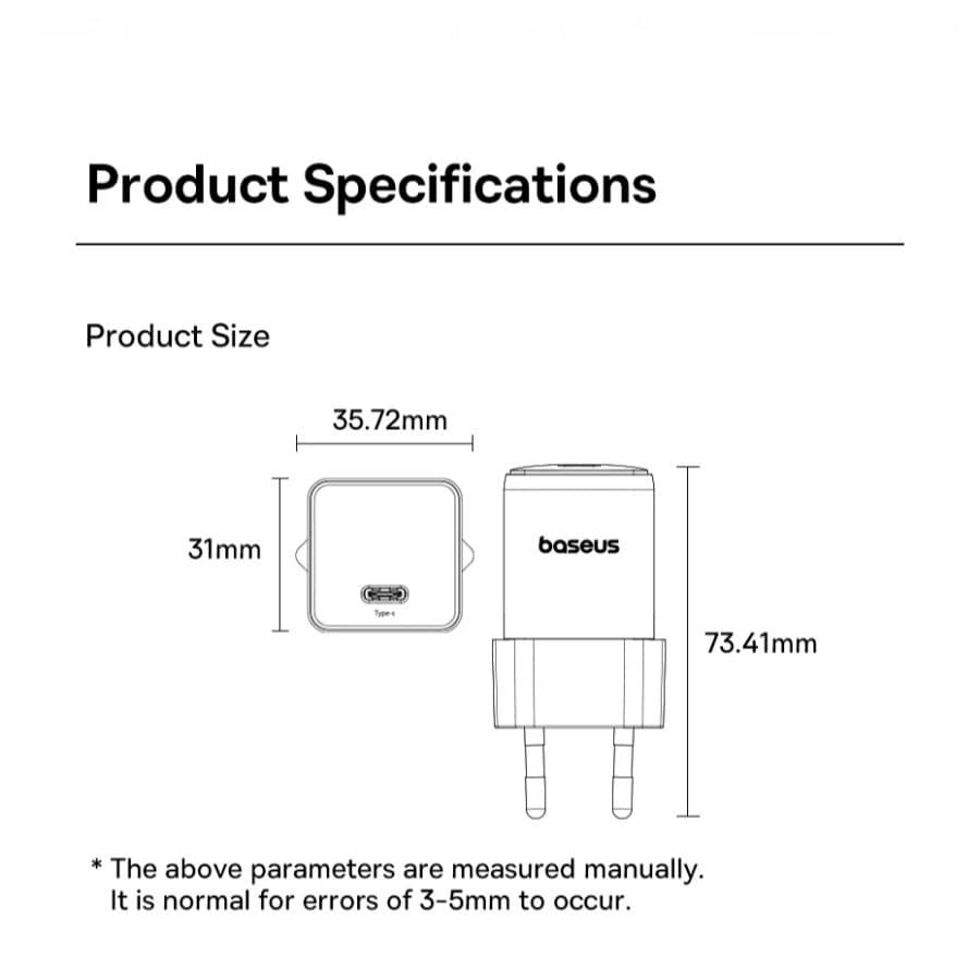 BASEUS CHARGER PALM FAST CHARGER 20W 1 PORT USB-C - (P10111602113-01 / P10111602213-01)