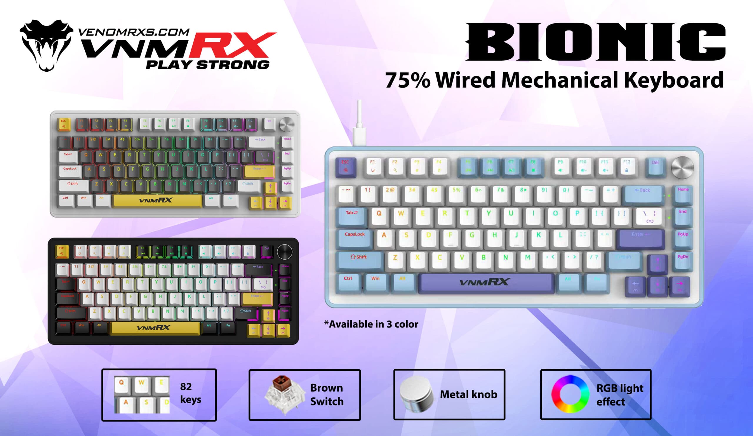 KEYBOARD VENOMRX BIONIC MECHANICAL KEYBOARD 75% WIRED RGB & METAL KNOB