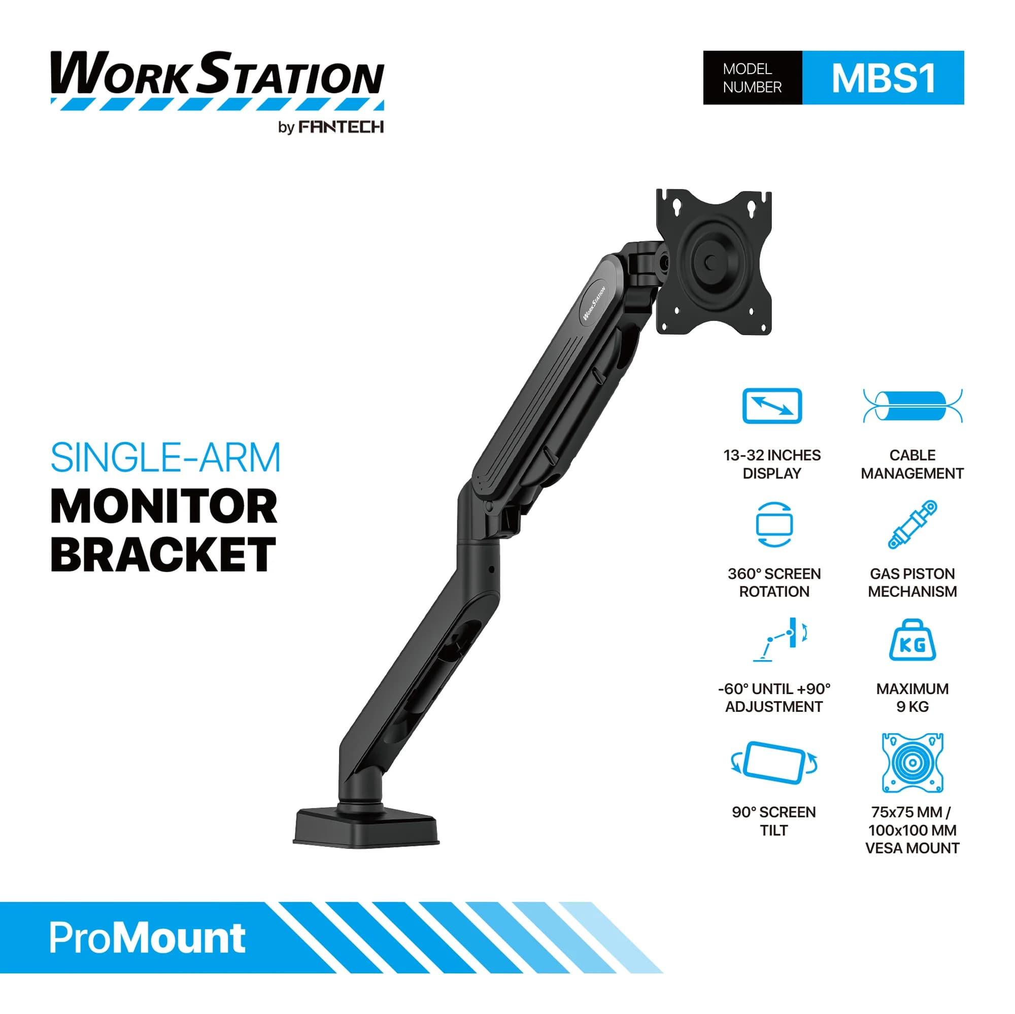 BRACKET MONITOR FANTECH WORKSTATION MBS1 SINGLE-ARM 90 DEGREE TILT