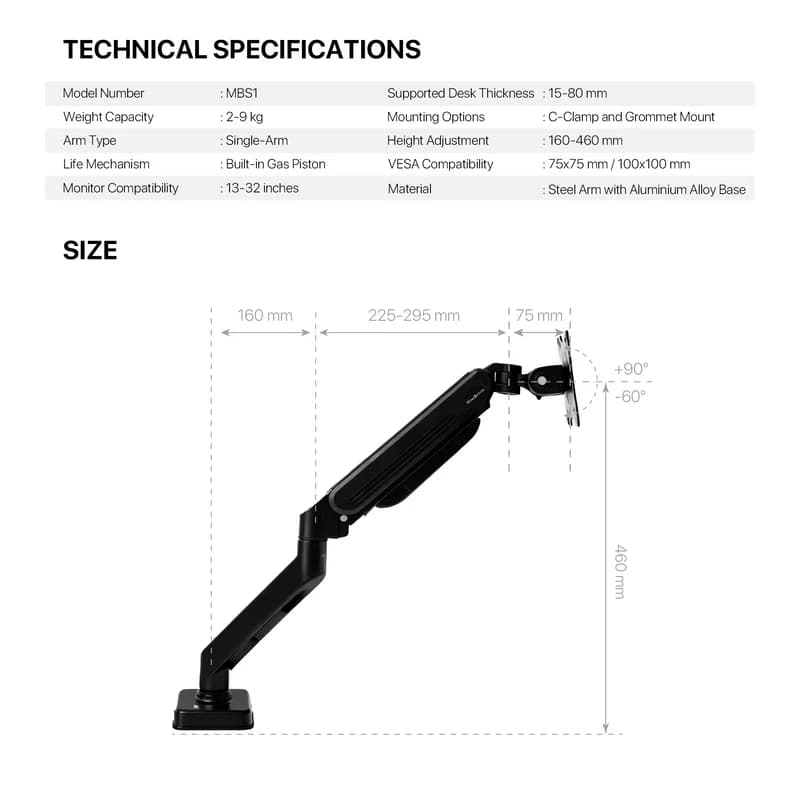 BRACKET MONITOR FANTECH WORKSTATION MBS1 SINGLE-ARM 90 DEGREE TILT