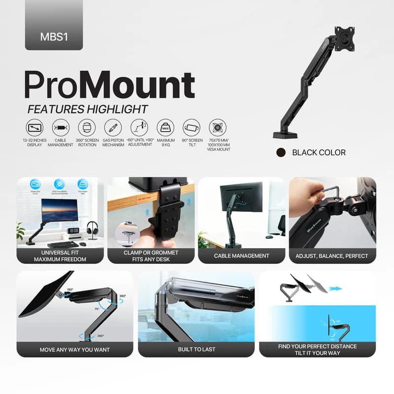 BRACKET MONITOR FANTECH WORKSTATION MBS1 SINGLE-ARM 90 DEGREE TILT