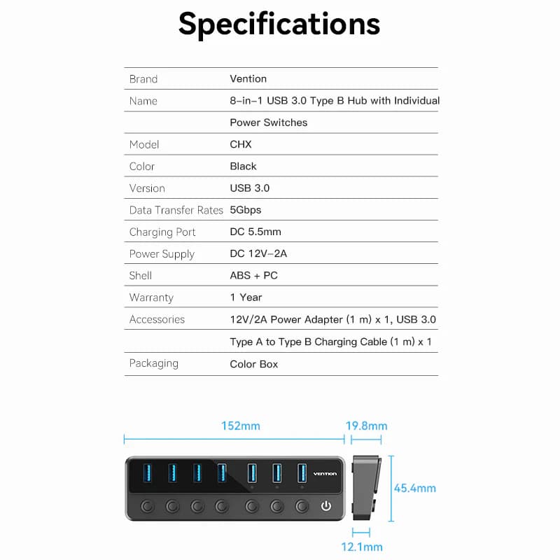 VENTION USB HUB POWERED 7-IN-1 TYPE-B HUB WITH INDIVIDUAL POWER SWITCHES - (CHXB0-EU)