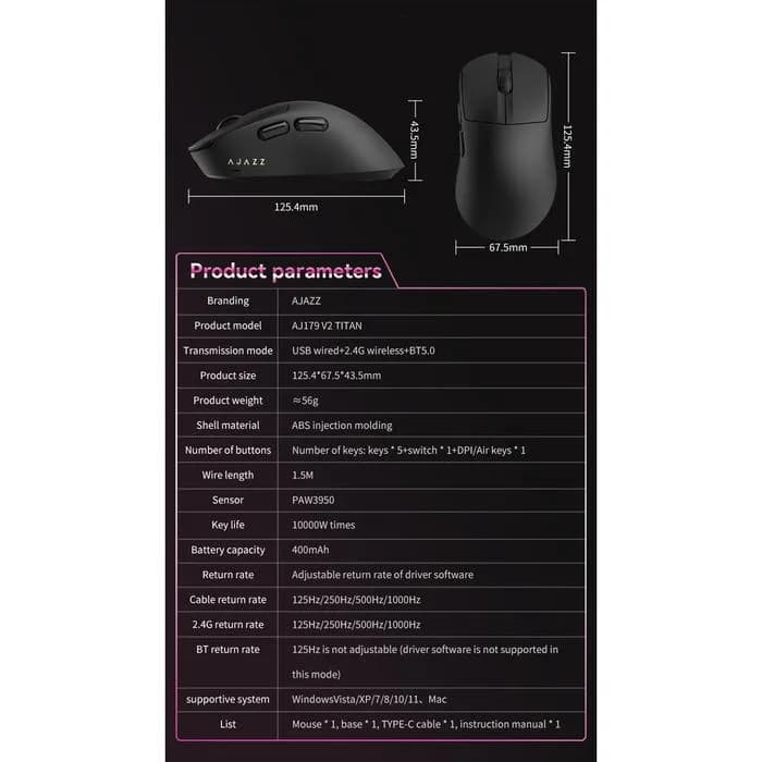 MOUSE AJAZZ AJ179 V2 TITAN WIRELESS GAMING MOUSE PAW3950 RGB WITH CHARGING DOCK