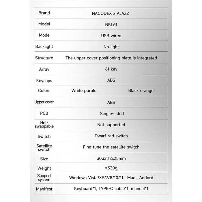 KEYBOARD AJAZZ x NACODEX NKL61 WIRED MECHANICAL KEYBOARD 61% LOW PROFILE