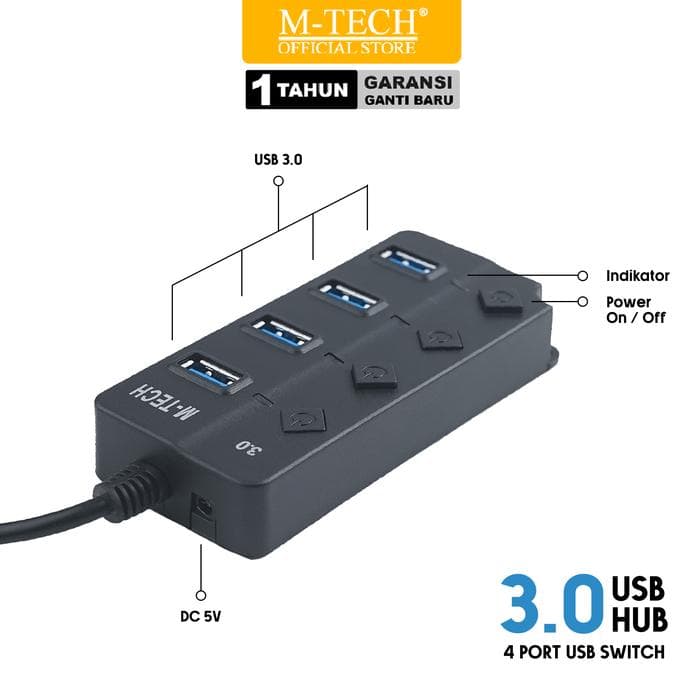 USB HUB MTECH 3.0 4-PORT MT-UH3 1.2M - BLACK