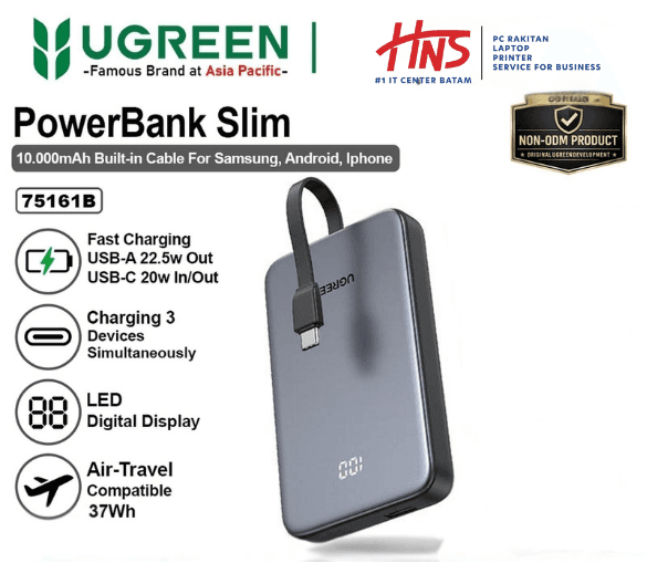 UGREEN POWERBANK BUILT-IN CABLE 20W 10000MAH (75161B)