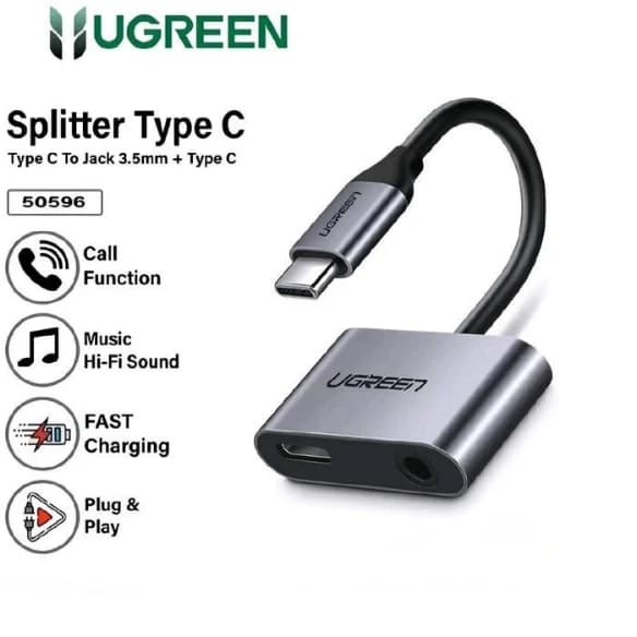 UGREEN ADAPTER 2-IN-1 SPLITTER TYPE-C TO JACK AUDIO 3.5mm AUX + CHARGING - (50596)