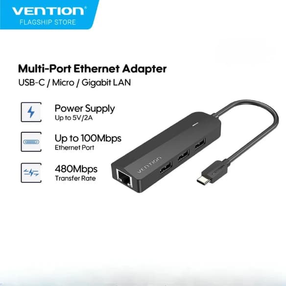 VENTION 5-in-1 USB-C HUB WITH RJ45 LAN FAST ETHERNET - (TGOBB)