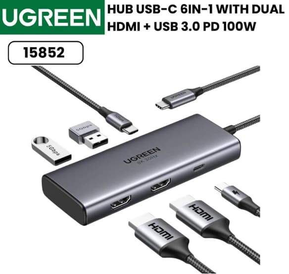 UGREEN USB TYPE C HUB 6 in1 HDMI 8K DUAL PD 100W (15852)