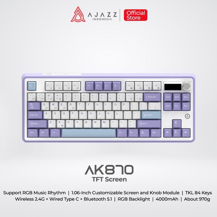 KEYBOARD AJAZZ AK870 3-MODES MECHANICAL KEYBOARD RGB DIY — PURPLE WHITE BLUE / HYACINTH / SCREEN