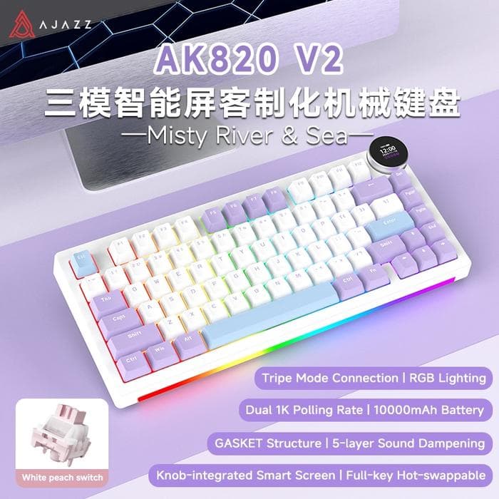 KEYBOARD AJAZZ AK820 V2 & AK820 V2 PRO TRI-MODE DIY OEM PROFILE MECHANICAL KEYBOARD RGB — PURPLE WHITE BLUE / WHITE PEACH