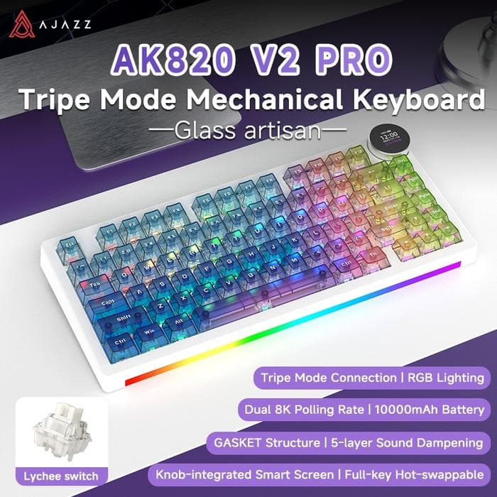KEYBOARD AJAZZ AK820 V2 & AK820 V2 PRO TRI-MODE DIY OEM PROFILE MECHANICAL KEYBOARD RGB — TRANSPARENT PURPLE YELLOW / LYCHEE