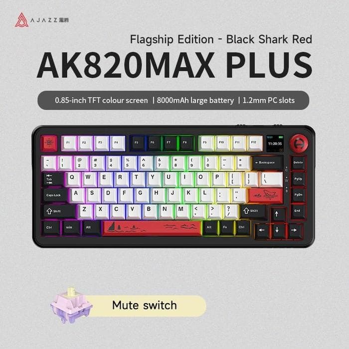 KEYBOARD AJAZZ AK820 MAX PLUS WIRELESS MECHANICAL KEYBOARD WITH TFT COLOR SCREEN AND VOLUME KNOB — BLACK GRAY / MUTE / SCREEN