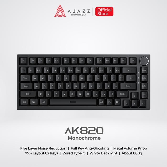 KEYBOARD AJAZZ AK820 MONOCHROME 75% MECHANICAL KEYBOARD HOTSWAPPABLE WITH GASKET MOUNT — BLACK V1