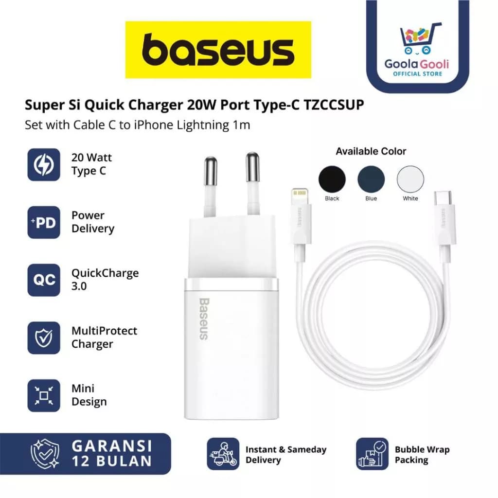 BASEUS CHARGER SUPER SI 20W 1C WITH CABLE TYPE-C TO LIGHTNING - (TZCCSUP-B01 / TZCCSUP-B02)