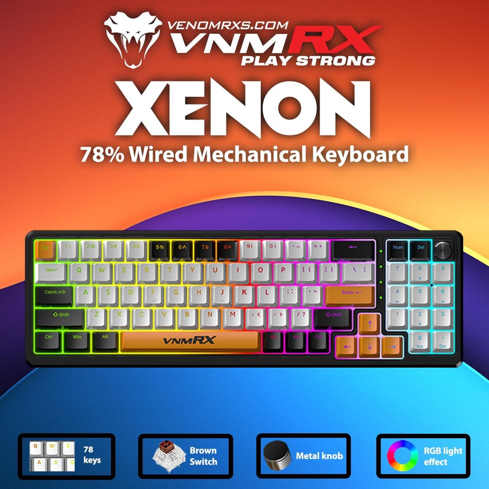 KEYBOARD MECHANICAL VENOMRX XENON WIRED 78% RGB WITH METAL KNOB