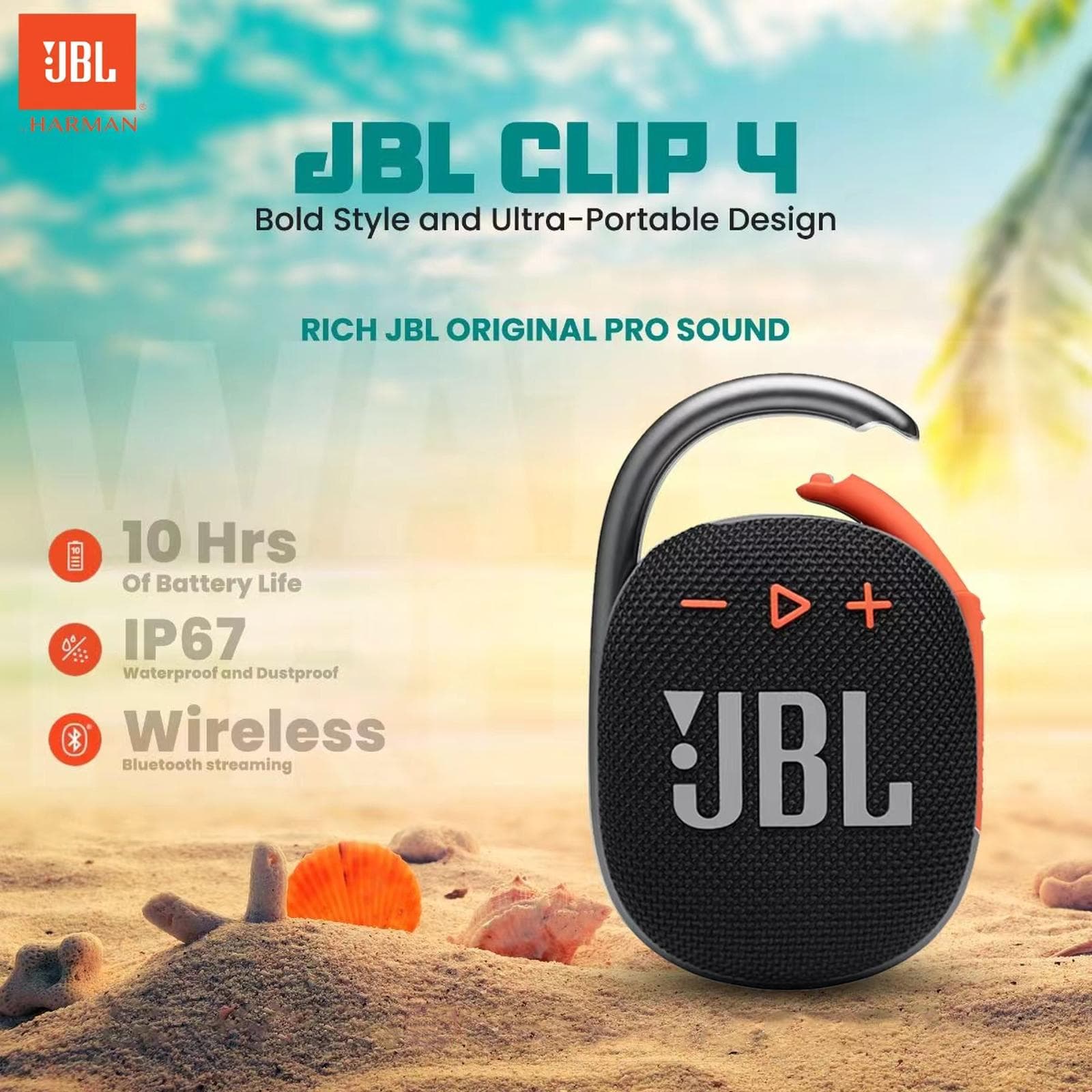 SPEAKER JBL CLIP 4 PORTABLE SPEAKER WITH BLUETOOTH BUILT-IN BATTERY WATERPROOF