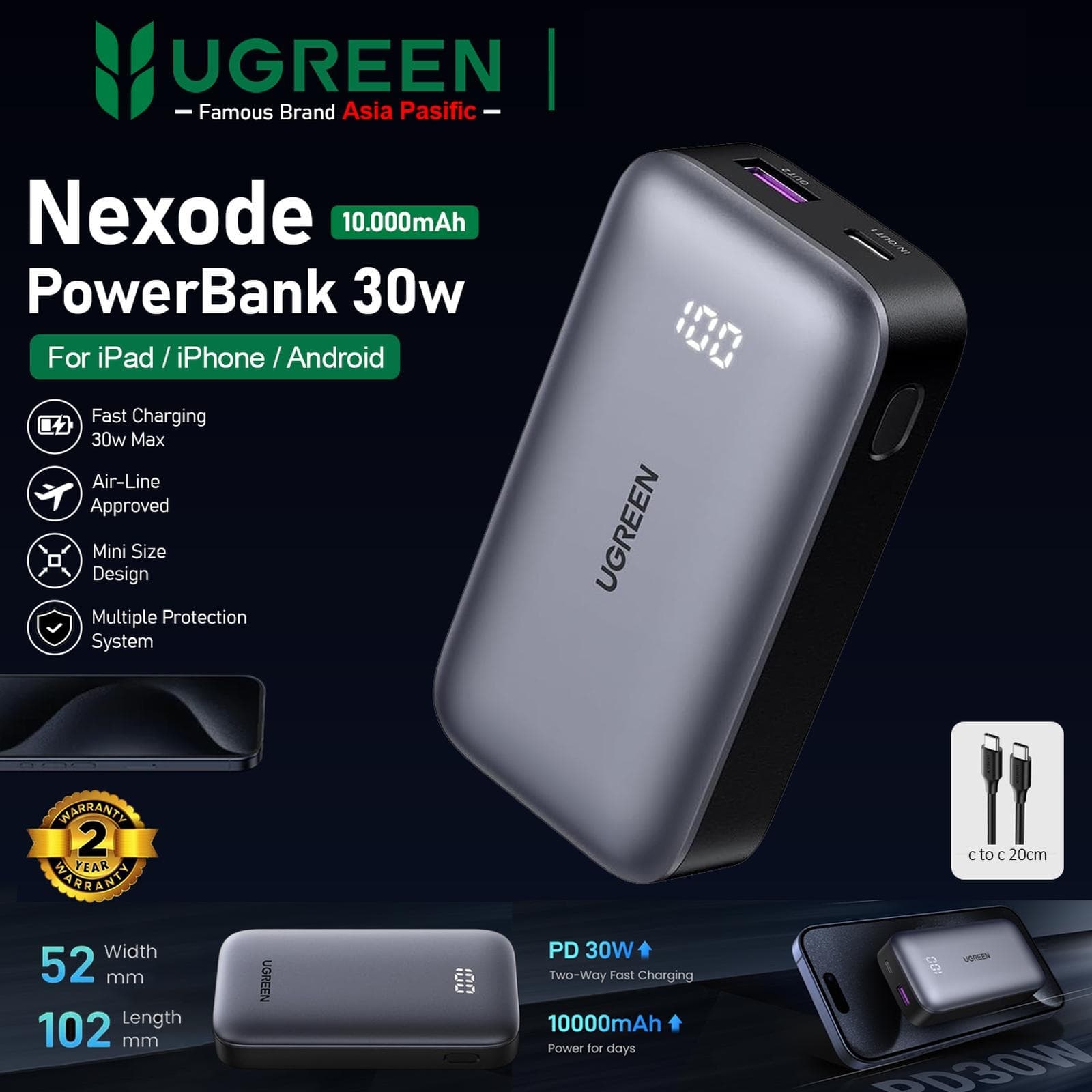 UGREEN POWERBANK NEXODE 10000mAh MINI FAST CHARGING 30W DUAL PORT USB-C + USB-A - (25185)