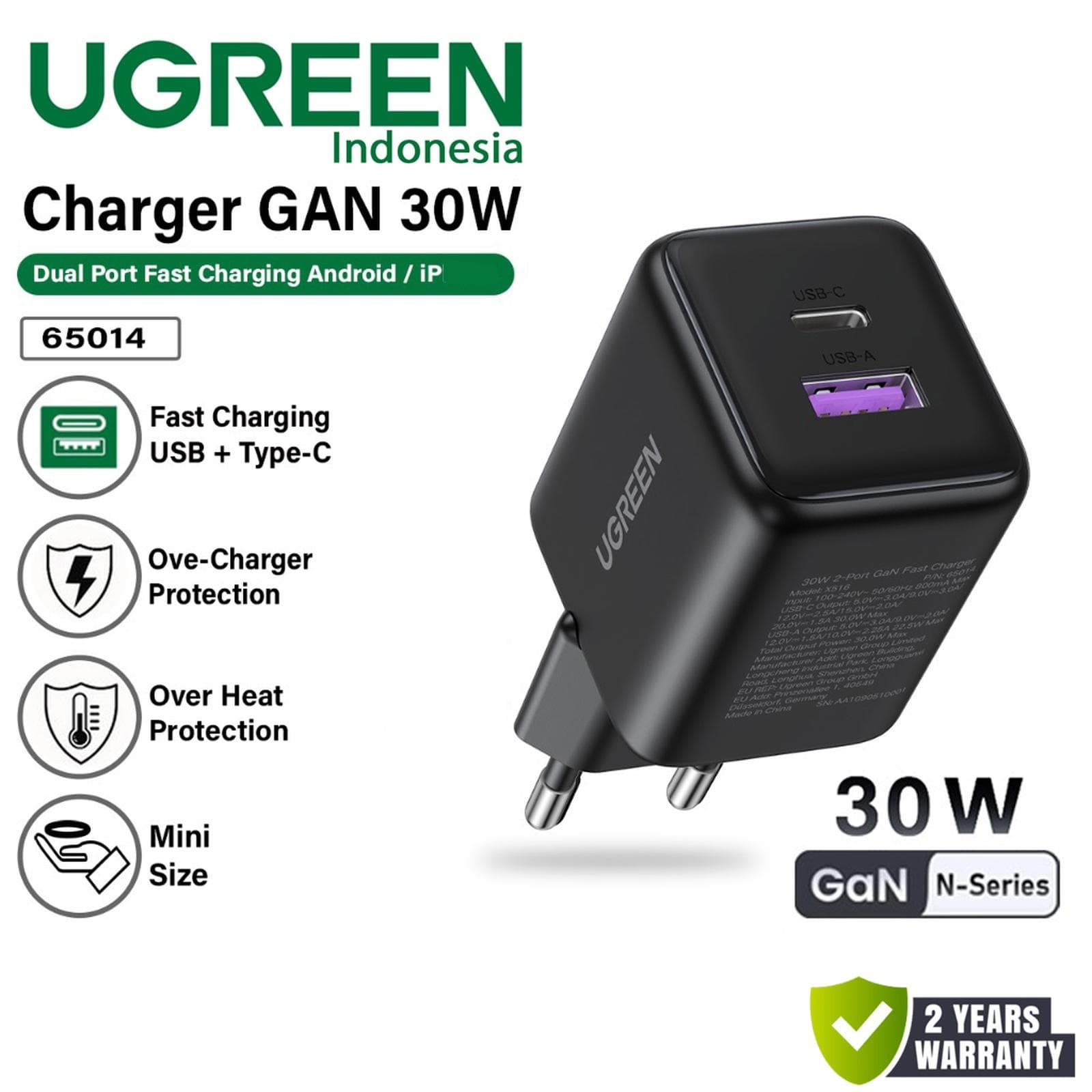UGREEN CHARGER GaN N SERIES DUAL PORT TYPE C USB A 30W 3A SUPER FAST CHARGING PD QC PPS - (65014 / 65016 / 65017)