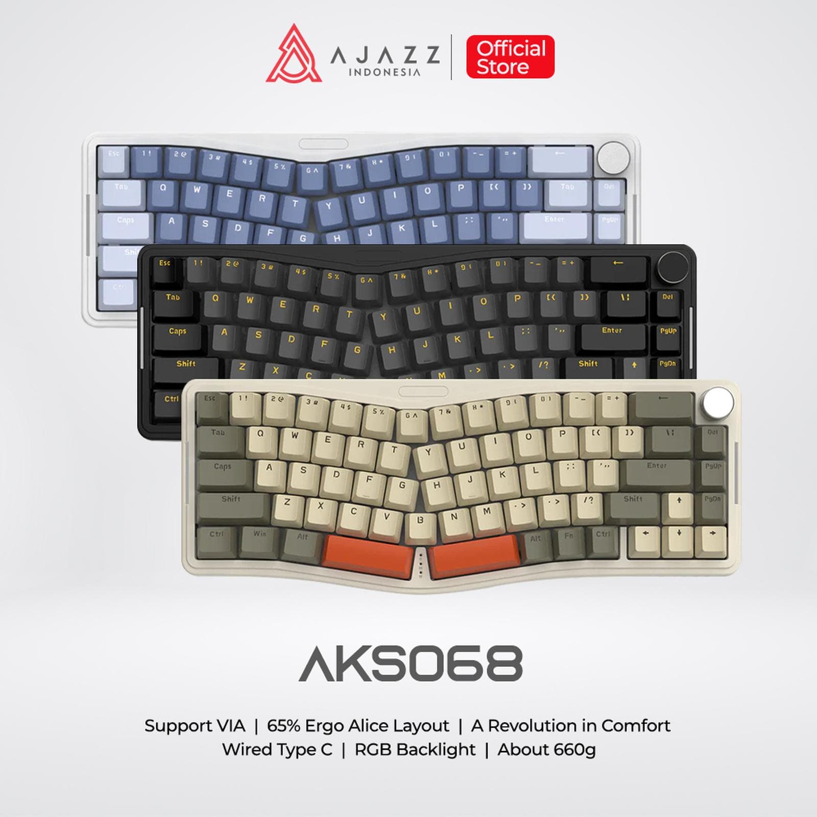 KEYBOARD AJAZZ AKS068 ALICE LAYOUT 68 KEYS VIA MECHANICAL KEYBOARD WIRED RGB WITH METAL KNOB VOLUME