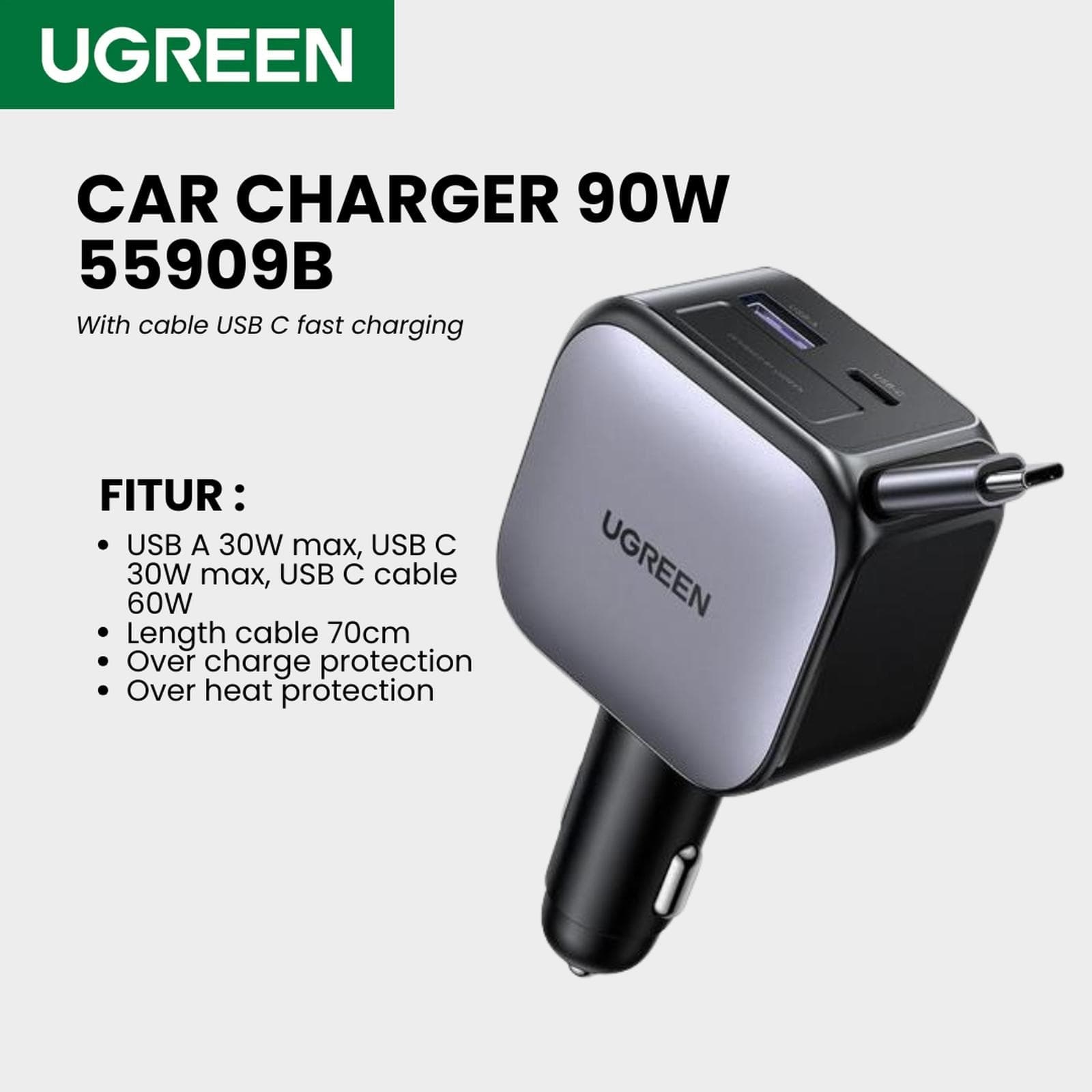 UGREEN CAR CHARGER CABLE TYPE C RETRACTABLE FAST CHARGING 90W - (55909B)