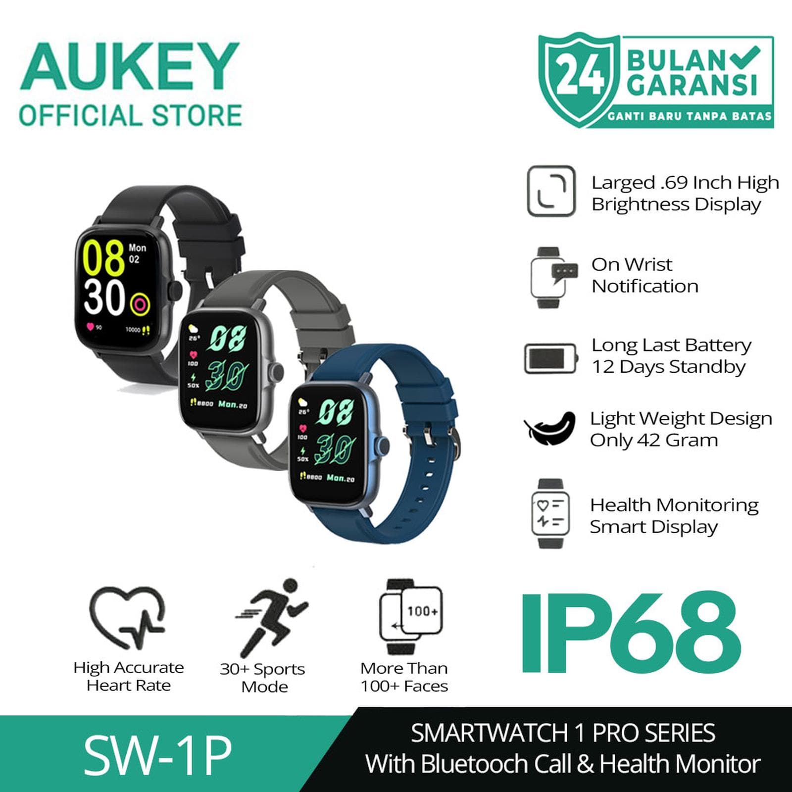 AUKEY SMARTWATCH SW-1P WATERPROOF IP68 WITH BLUETOOTH CALL