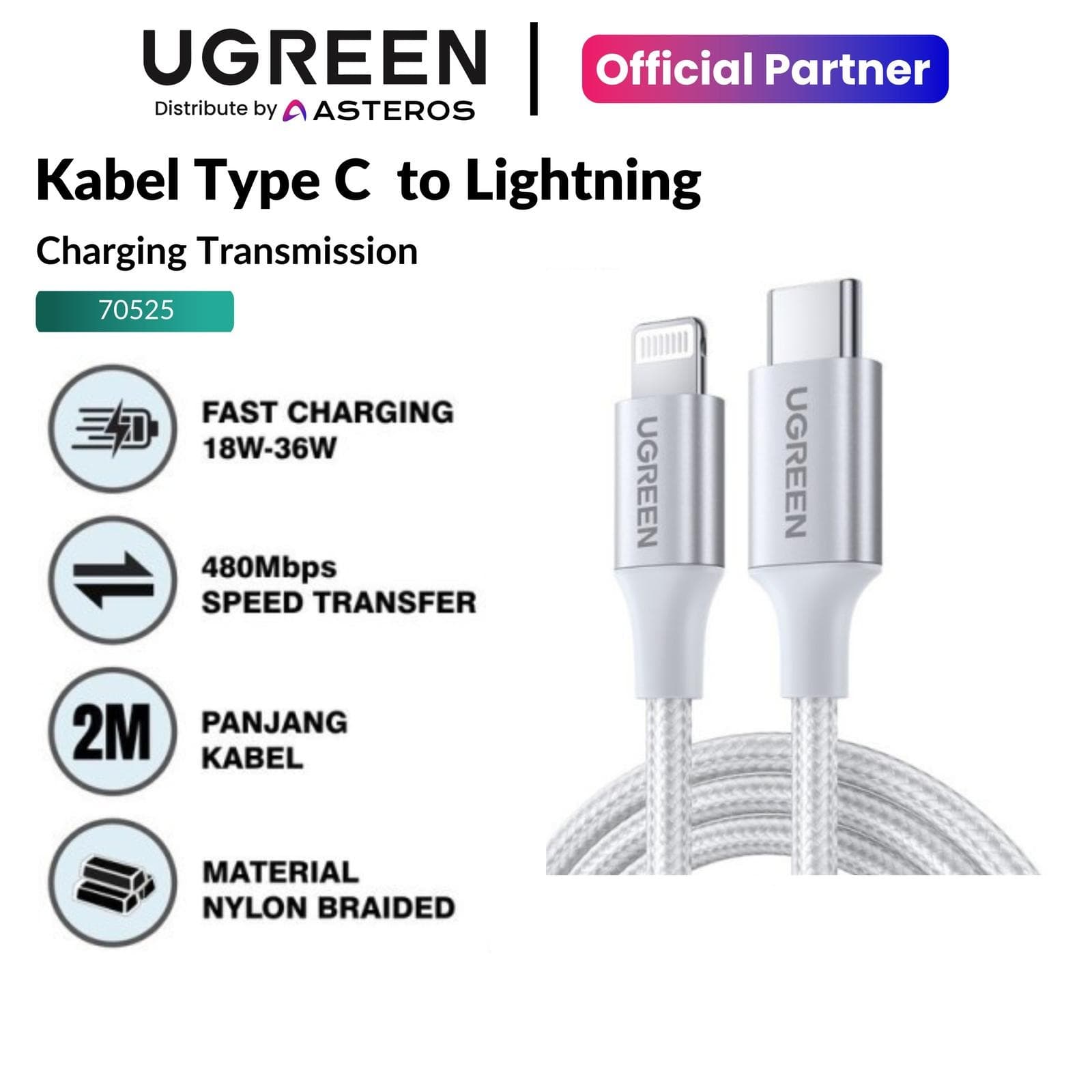 UGREEN KABEL DATA USB-C TO LIGHTNING (IPHONE) 2M MFI SILVER NYLON - (70525)