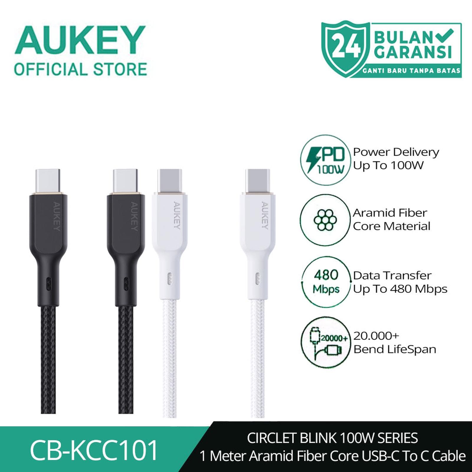 AUKEY CABLE CHARGER BRAIDED NYLON CB-KCC101 100W USB-C TO USB-C 1M