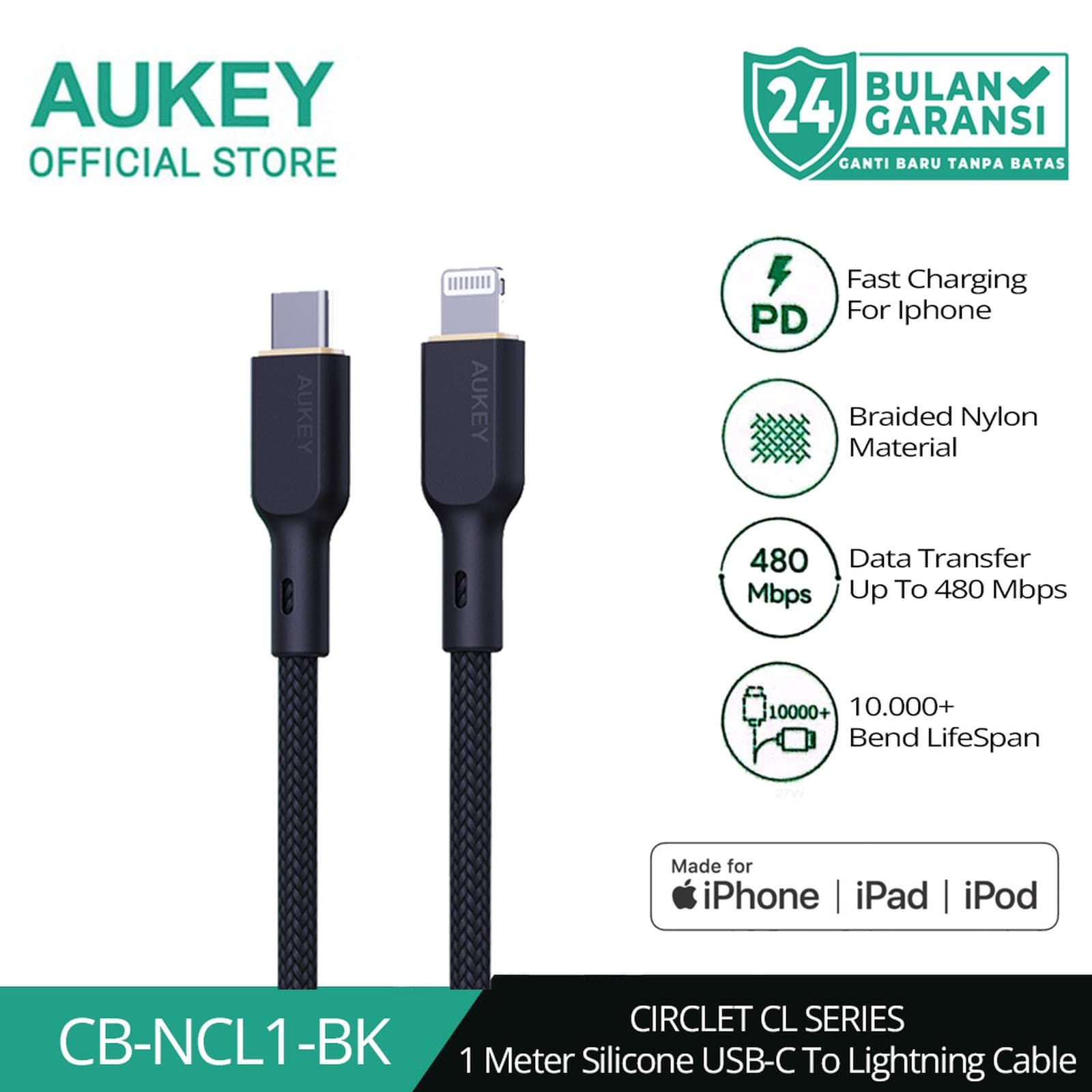 AUKEY CABLE CHARGER CB-NCL1 / CB-NCL2 BRAIDED NYLON 1M - 1.8M