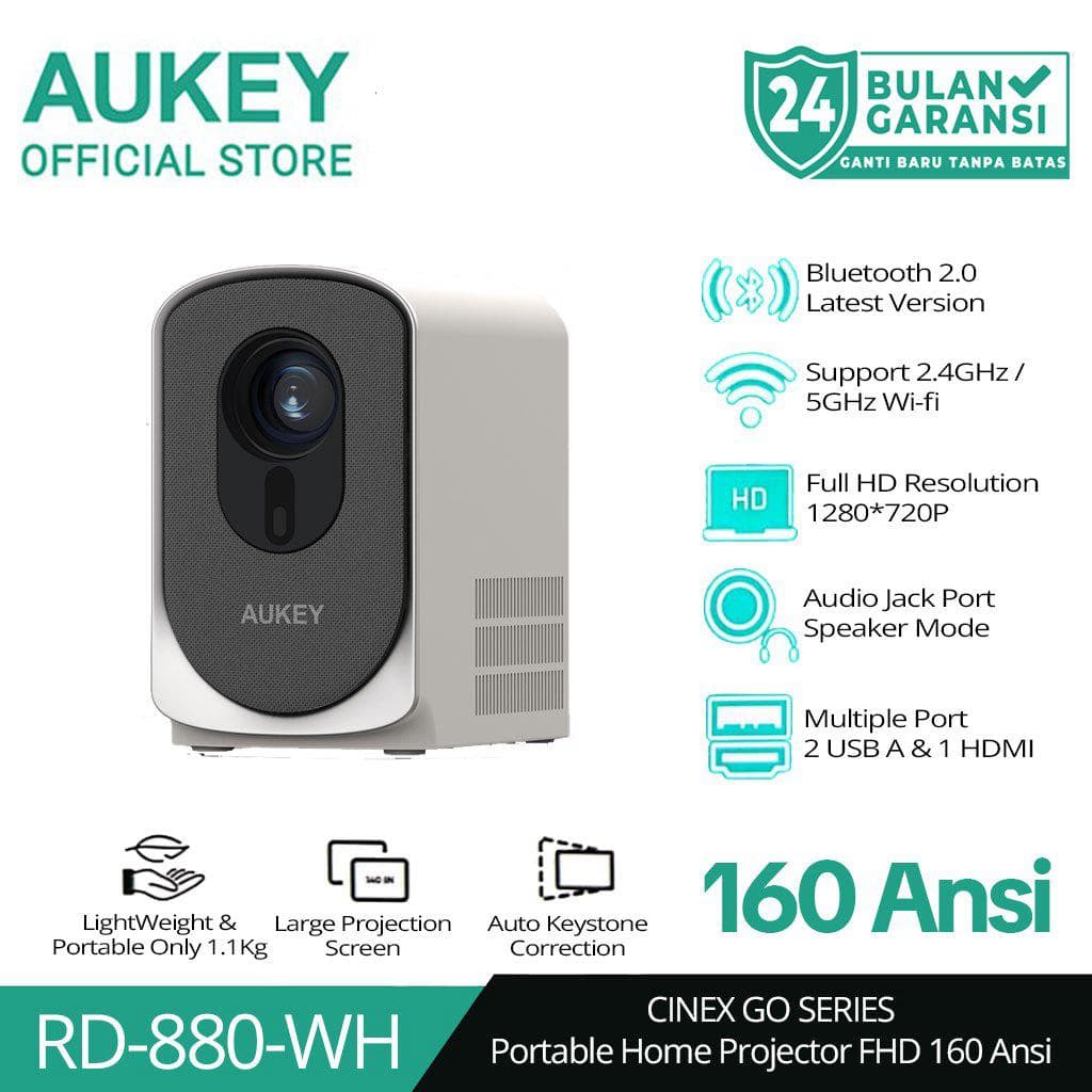 AUKEY MINI PORTABLE RD-880 PROJECTOR 160 ANSI LUMENS AUDIO JACK BLUETOOTH HDMI