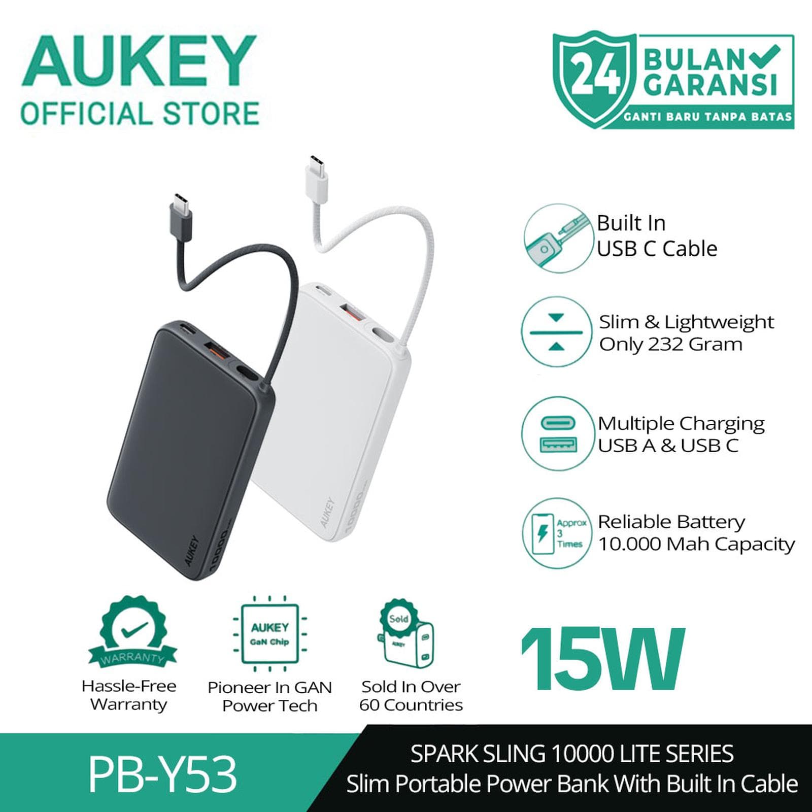 AUKEY POWERBANK PB-Y53 BUILT-IN CABLE 10000mAh 15W FAST CHARGING SLING LITE SERIES