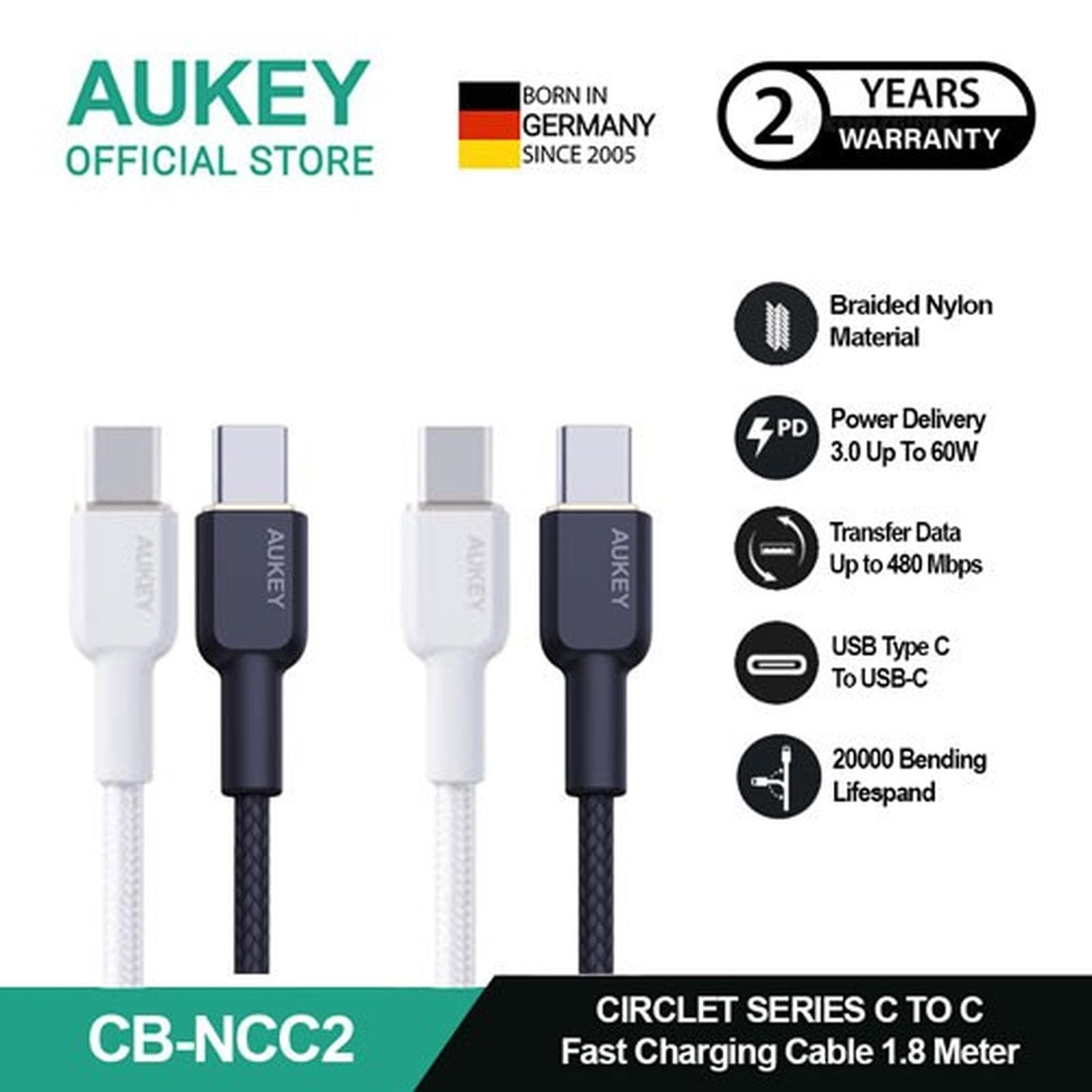 AUKEY CHARGER CABLE CB-NCC2 USB-C TO USB-C 3A BRAIDED NYLON 1.8M