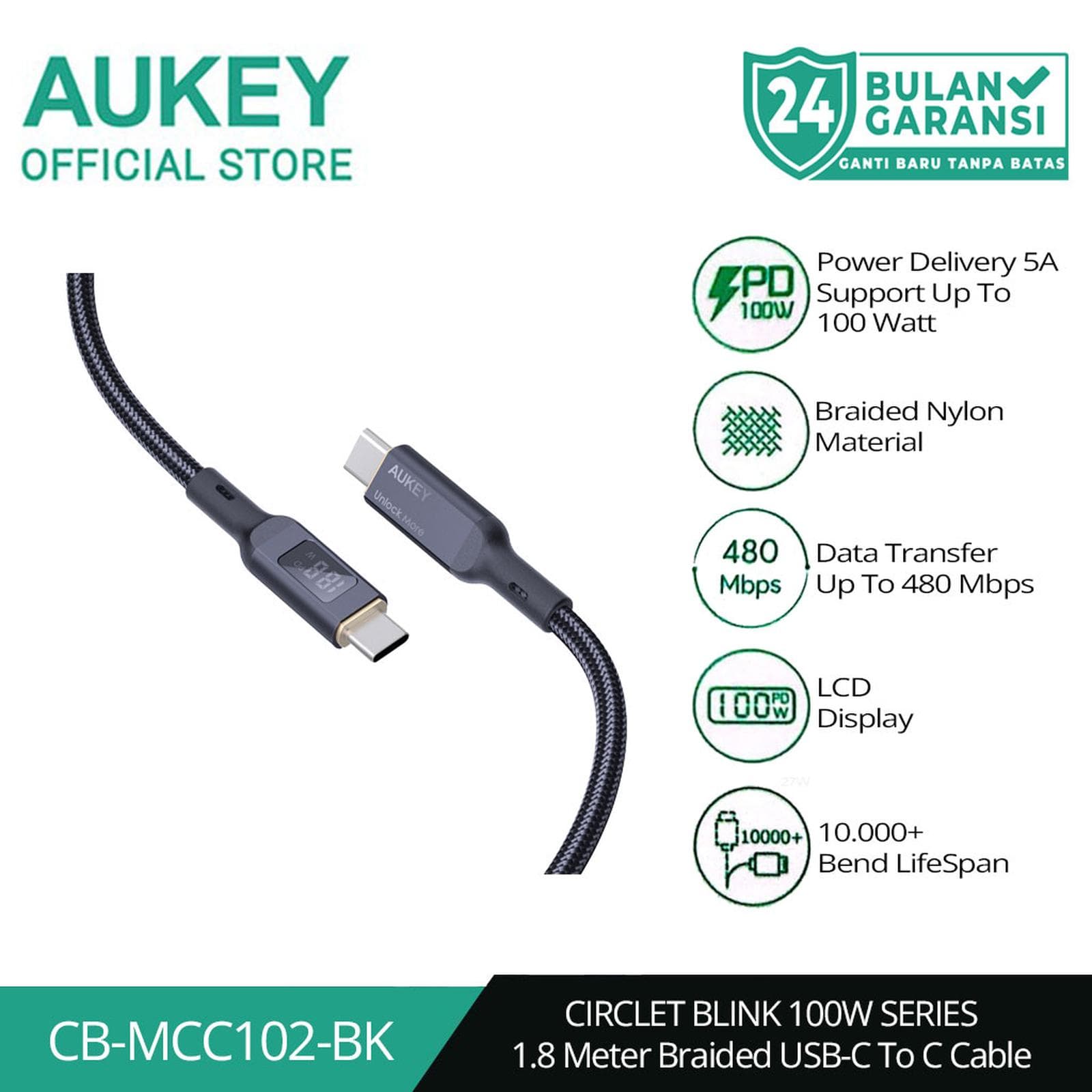 AUKEY CABLE CB-MCC102 CHARGER TYPE-C TO TYPE-C BLACK LED DISPLAY 1.8M 5A