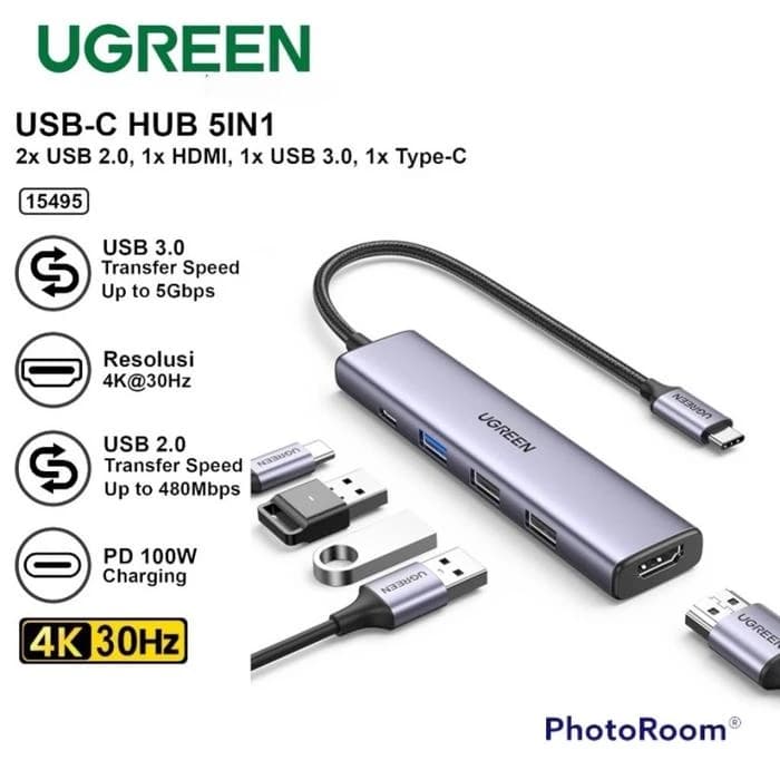 UGREEN USB HUB TYPE-C 5 IN 1 USB 3.0 HDMI 4K 30HZ DISPLAY PD FAST CHARGING - (15495)