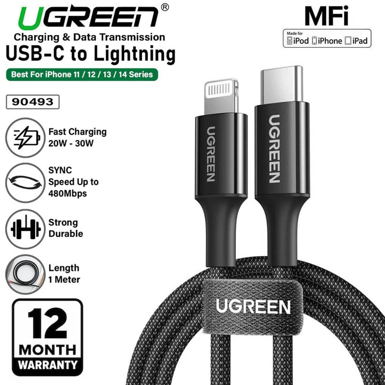 UGREEN CABLE IPHONE MFi TYPE-C TO LIGHTNING FAST CHARGING DATA BRAIDED - (90493)
