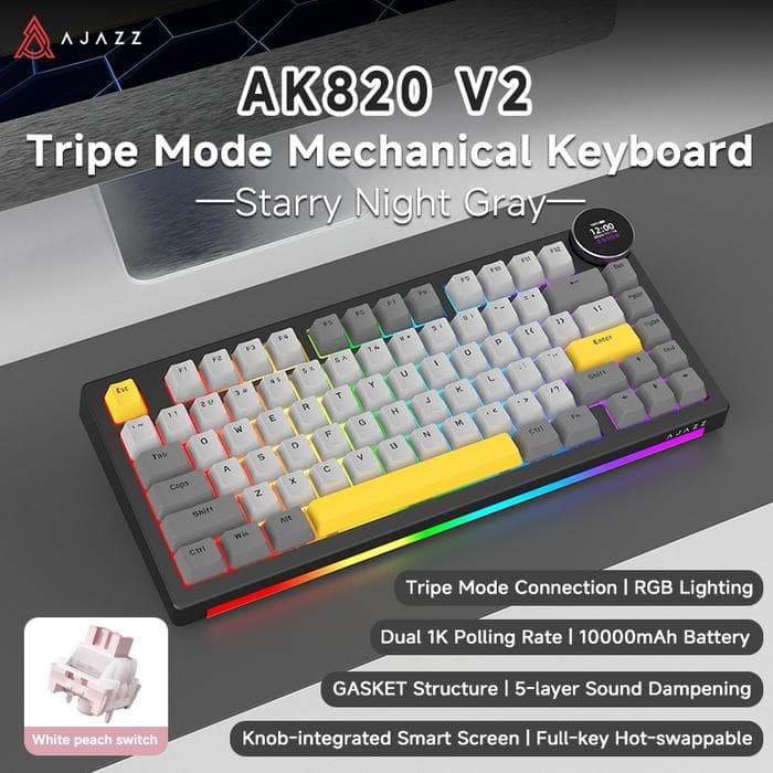 KEYBOARD AJAZZ AK820 V2 & AK820 V2 PRO TRI-MODE DIY OEM PROFILE MECHANICAL KEYBOARD RGB — BLACK GRAY YELLOW / WHITE PEACH